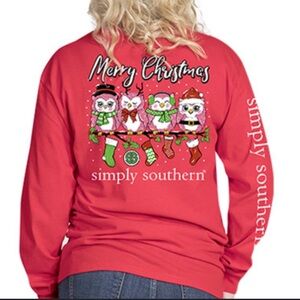 Simply Southern Womens Christmas Owls Graphic Back Long Sleeve Crewneck Top M